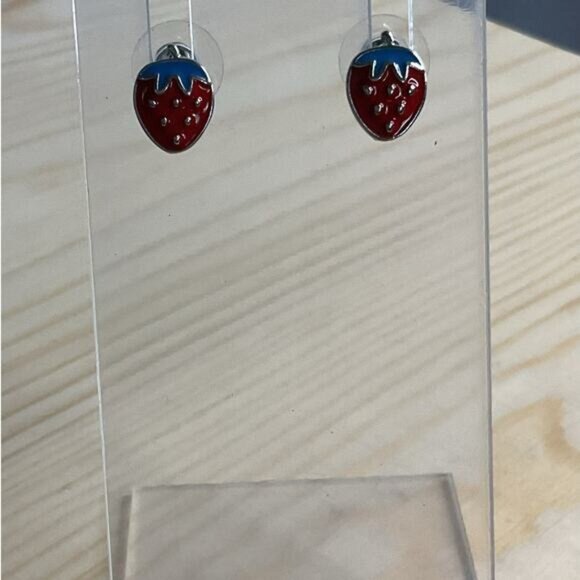 Strawberry Stud Earrings Red & Green Enamel Cute Fruit Design For Women & Girls - Picture 2 of 5